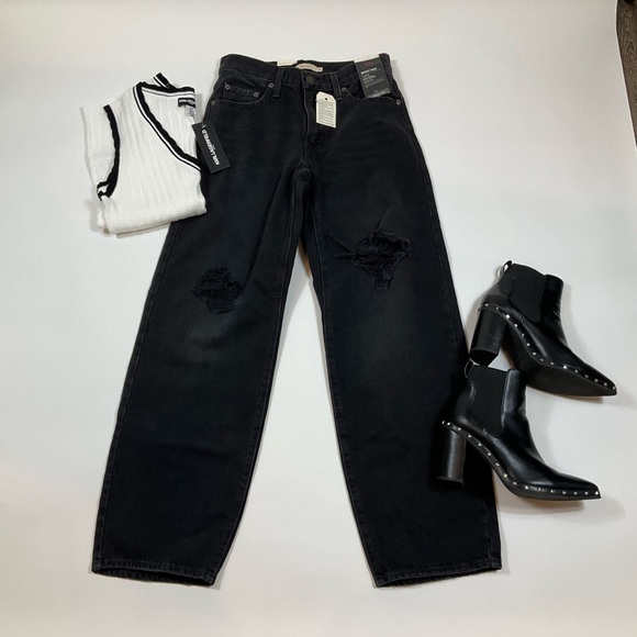 Levis Baggy Dad Distressed Straight Leg Mid Rise Jeans 24 x 30 Rake It Up Black - Picture 1 of 7